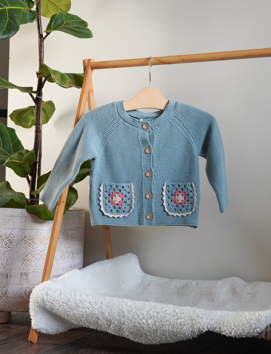 Knit Blue Cardigan with Crochet pocket